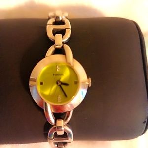 Fossil silver tone bracelet watch lime green rhinestone dial